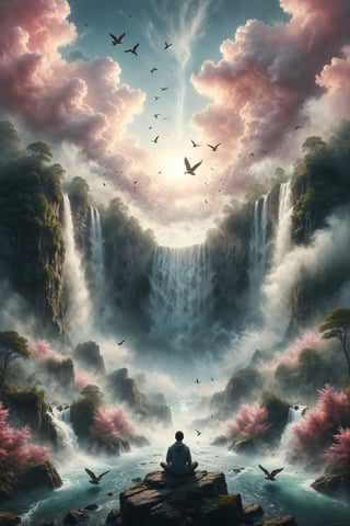 Generate an image showing a person sitting at the edge of a massive waterfall that flows into the sky. Surround the scene with birds flying in formation and a sky filled with soft, pastel-colored clouds.