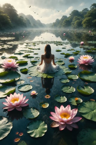Generate an image of a person sitting on a giant lotus flower floating on a serene lake, surrounded by dragonflies and water lilies.