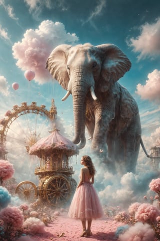 Create an image featuring a surreal scene with a pastel blue sky and fluffy white clouds. Include a large golden wheel-like structure in the center, with an upside-down elephant hanging by its trunk from the wheel. On top of this structure, place an individual in a pink dress standing and gazing into the distance. The overall tone should be soft and dreamlike, evoking an ethereal feeling.
