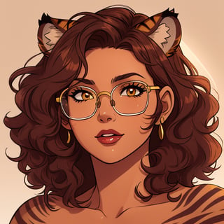 High quality, masterpiece, illustration, latin american woman, with tiger ears and stripes, fur, light Carmel colored skin, square glasses, dark brown curly shoulder length hair, cell shaded art, detailed, soft light, vibrant colors, detailed background, medium shot,score_7, score_8, score_9, nodf_lora, Color Booster, Style ,Fantasy,