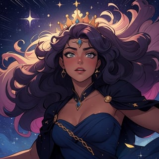 High quality, masterpiece, illustration, royal young latin american woman, tanned skin, detailed hair that is curly looks like starry night sky, main character of a fantasy adventure story, whimsical, cell shaded art, detailed background, starry crown, soft light, vibrant colors, medium shot, dynamic pose, score_7, score_8, score_9, score_8_up, nodf_lora, Color Booster