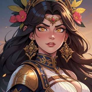 High quality, masterpiece, illustration, warrior empress, young latin woman, golden eyes, villain of a medieval fantasy adventure story, cell shaded art, detailed, soft light, vibrant colors, medium shot,score_7, score_8, score_9, score_8_up, nodf_lora, Color Booster,Style 