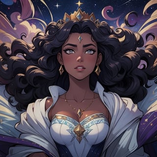 High quality, masterpiece, illustration, royal young latin american woman, (tanned skin), detailed hair that is curly looks like starry night sky, main character of a fantasy adventure story, cell shaded art, detailed background, starry crown, soft light, vibrant colors, medium shot, score_7, score_8, score_9, score_8_up, nodf_lora, Color Booster