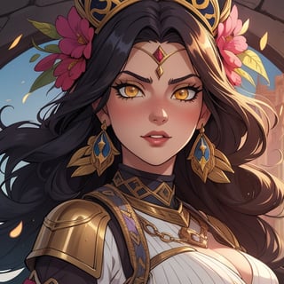 High quality, masterpiece, illustration, warrior empress, young latin woman, golden eyes, villain of a medieval fantasy adventure story, cell shaded art, detailed, soft light, vibrant colors, medium shot,score_7, score_8, score_9, score_8_up, nodf_lora, Color Booster,Style 