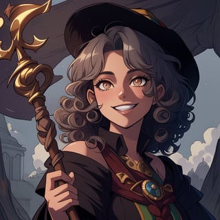 High quality, masterpiece, illustration, wizard, smile, young greek woman, smiling, (silver eyes), ((very curly fluffy dark brown shoulder length hair)), twisted gnarled wooden staff, cell shaded art, detailed, soft light, vibrant colors, detailed background, medium shot,score_7, score_8, score_9, score_8_up, nodf_lora, Color Booster, Style ,Fantasy,Girl 