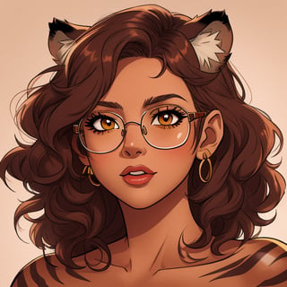 High quality, masterpiece, illustration, latin american woman, with tiger ears and stripes, fur, light Carmel colored skin, square glasses, dark brown curly shoulder length hair, cell shaded art, detailed, soft light, vibrant colors, detailed background, medium shot,score_7, score_8, score_9, nodf_lora, Color Booster, Style ,Fantasy,