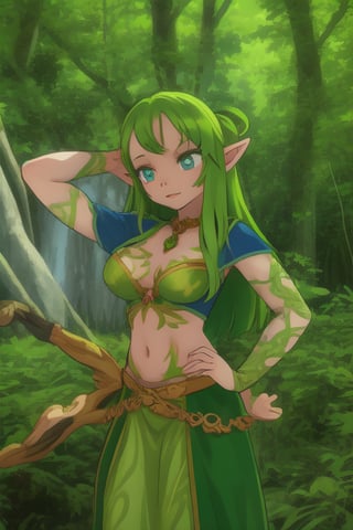 Elf maiden posing in a lush forest clearing, her vibrant green hair glowing in the warm sunlight. Her bright blue eyes sparkle with mischief as she holds a slender branch adorned with yellow and green leaves, matching the colors of her intricately detailed elf costume. The camera frames her from a slight angle, emphasizing her whimsical presence amidst the natural surroundings.