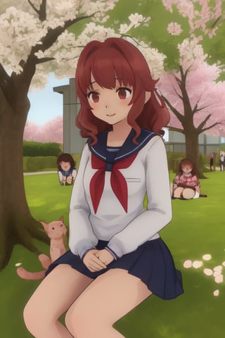 A serene spring morning in a Japanese high school setting. A group of lively Sakura school girls, dressed in their uniforms, sit in a circle on a green grassy field surrounded by blooming cherry blossom trees. The soft sunlight casts a warm glow over the scene. One girl, with curly brown hair and a bright smile, enthusiastically gesticulates while speaking to her friends.,yandere_style