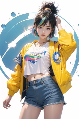 korea girl 22 year old, tangaline light sleek pixie shorts hair style, wearing rainbow jacket bomber m1, shorts bluejeans, white sneaker, splash drop color