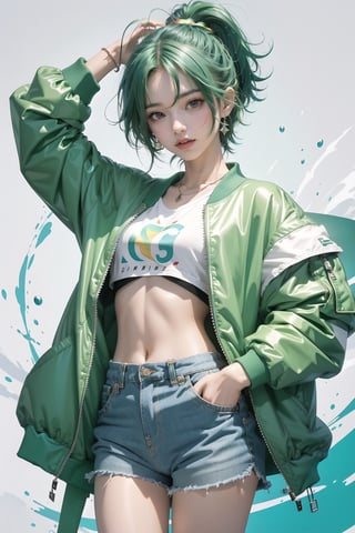 korea girl 22 year old, emerald light green sleek pixie shorts hair style, wearing oversize rainbow jacket bomber m1, shorts bluejeans, white sneaker, splash color