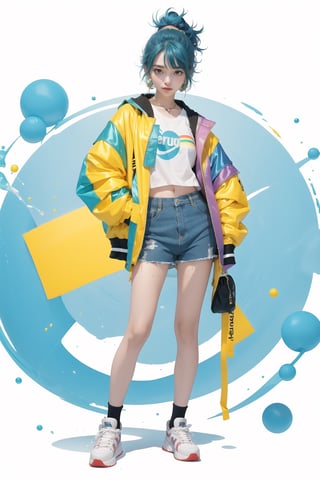 korea girl 22 year old, aqua sleek pixie shorts hair style, wearing oversize rainbow jacket bomber m1, shorts bluejeans, white sneaker, splash color