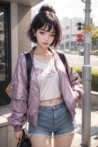 korea girl 22 year old, mauve light sleek pixie shorts hair style, wearing  mauve jacket bomber m1, shorts bluejeans, white sneaker, splash color