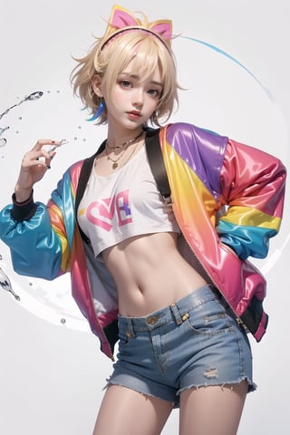 korea girl 22 year old, blond pink sleek pixie shorts hair style, wearing oversize rainbow jacket bomber m1, shorts bluejeans, white sneaker, splash color