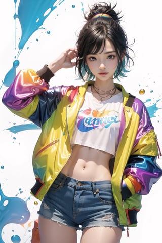 korea girl 22 year old, tangaline light sleek pixie shorts hair style, wearing rainbow jacket bomber m1, shorts bluejeans, white sneaker, splash drop color