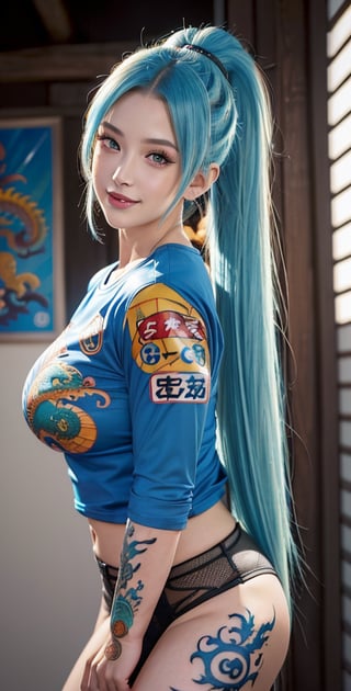 upper_body , score_9, score_8_up, score_7_up, score_6_up, 1girl, long hair,short_ponytail, light blue hair, sunset, grey eyes, plump, realistic, tattoo on body, beautiful mixed detail tattoo, tattoo of, arm tattoo, ((anime girl tattoo wearing dragon ball comic of Japan t-shirt)),smile,looking_at_viewer,(oil shiny skin:0.8), (big_boobs), willowy, chiseled, (hunky:1.8),(perfect anatomy, prefect hand,), 9 head body lenth, dynamic sexy pose, (artistic pose of awoman),from_front_position,