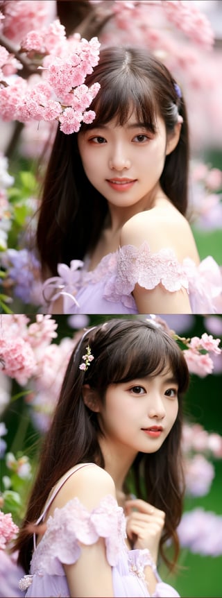 A 16-year-old Japanese beauty,in the sakura flowers.Turn slightly,iris purple dress,Beauty