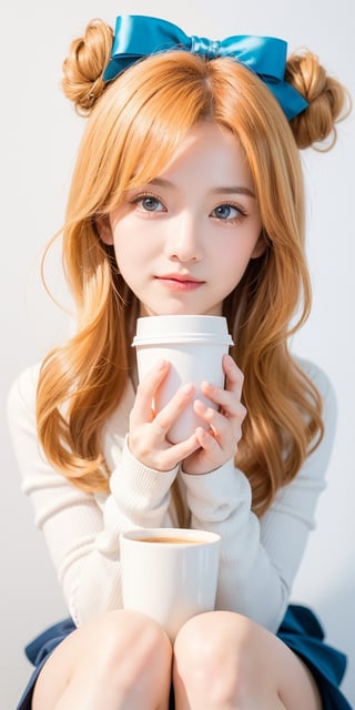 1girl, light orange hair, blue eyes, long hair, cute dress, elegant bun hairstyle, tender gaze, warmly facial expression, white background, holding a coffee cup, she’s a noblewoman. she is sitting. ((Chibi character)),Korean,Japanese,perfect light