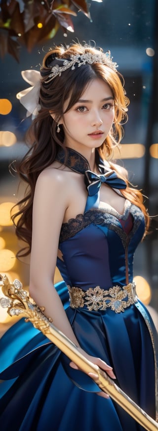 a young woman,looking at the camera, posing,ulzzang, streaming on twitch, character album cover,red moment,style of bokeh, witch dress, ,moody lighting,appropriate comparison of cold and warm, hair over one eye, bow on head, reality,Holding a scepter,1girl,lady,perfect light,Korean,beauty,Beauty,idol