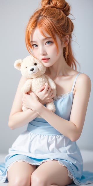 1girl, light orange hair, blue eyes, long hair, cute dress, elegant bun hairstyle, tender gaze, warmly facial expression, white background, holding a BEAR DOLL, she’s a noblewoman. she is sitting. ((Chibi character)),perfect light,beauty,Beauty