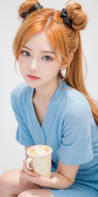 1girl, light orange hair, blue eyes, long hair, cute dress, elegant bun hairstyle, tender gaze, warmly facial expression, white background, holding a coffee cup, she’s a noblewoman. she is sitting. ((Chibi character)),Korean,Japanese,perfect light