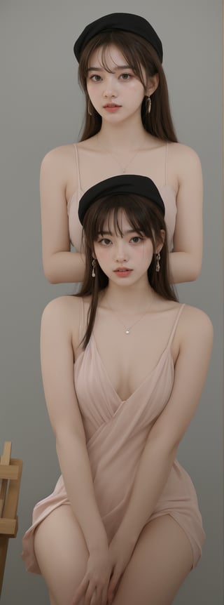 background is glassland,horizon,forest,easel, 18 yo, 1 girl, beautiful korean girl,sit on glassland, making a picture,painting,sit aside easel,holding a palette left hand,painting brush right hand, happy smile,wearing lovely dress(princess),women hat(small), solo, {beautiful and detailed eyes}, dark eyes, calm expression, delicate facial features, ((model pose)), Glamor body type, (dark hair:1.2), simple tiny necklace,simple tiny earrings, flim grain, realhands, masterpiece, Best Quality, 16k, photorealistic, ultra-detailed, finely detailed, high resolution, perfect dynamic composition, beautiful detailed eyes, eye smile, ((nervous and embarrassed)), sharp-focus, full_body, cowboy_shot,,Korean,Japanese,perfect light