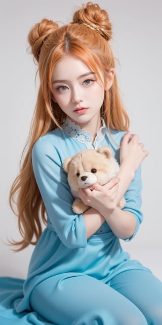 1girl, light orange hair, blue eyes, long hair, cute dress, elegant bun hairstyle, tender gaze, warmly facial expression, white background, holding a BEAR DOLL, she’s a noblewoman. she is sitting. ((Chibi character)),perfect light,beauty,Beauty