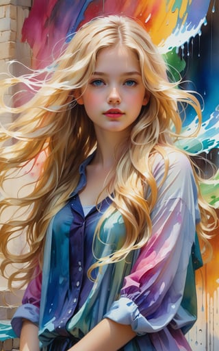 1girl, solo, long hair, Hair style big wavy hairlooking at viewer, blonde hair, Hair style big wavy hair,closed mouth, The girl's right hand moved her hair behind her right ear.Hair style big wavy hairupper body, mole, lips, colorful abstract paint on the wall behind her. water color, rain by Daniel Gerhartz,DonMM1y4XL