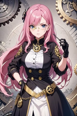 All intricate details:  woman with pink hair standing, gears, 1girl, Aivy Lovencraft, gloves, black gloves, solo, rigth monocle, alchemist, scientific researcher, long hair, pink hair)"