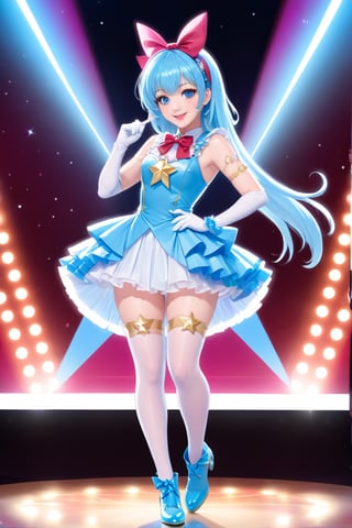 1 girl, alone, looking at viewer, bangs, blue eyes, smile, full lips, red lips, ahoge, sideburns, light blue hair, full body, hair ribbon, hair band, shoes, sleeveless, elbow-length gloves, stage background with lights, hair locks, asymmetrical bangs, magical girl idol outfit, sparkling dress, frills, ribbons, wand, star accessories, dynamic pose, colorful stage lights, confident expression, knee-high boots, microphone, well-proportioned, symmetrical body, well-proportioned legs, symmetrical feet, full body shot, entire body in frame, including feet

hairstyle: long hair, styled in large curls, side ponytail with a large bow
