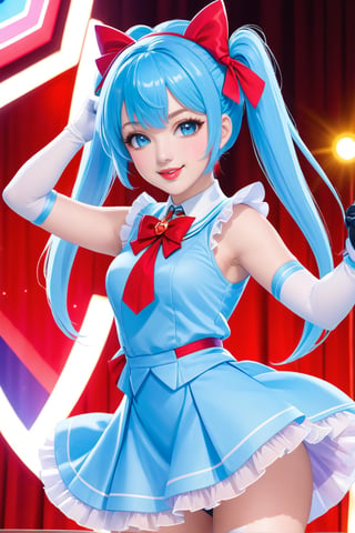 1 girl, alone, looking at viewer, bangs, blue eyes, smile, full lips, red lips, ahoge, sideburns, light blue hair, full body, hair ribbon, hair band, shoes, sleeveless, elbow-length gloves, twin tails, stage background with lights, hair locks, asymmetrical bangs, magical girl idol outfit, sparkling dress, frills, ribbons, wand, star accessories, dynamic pose, colorful stage lights, confident expression, knee-high boots, microphone

hairstyle: long hair, styled in large curls, twin tails with large bows
