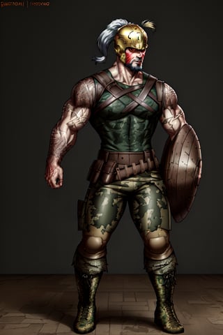 solo, looking at viewer, short hair, shirt, 1boy, 60 years old face, He wears a golden Spartan helmet on his head. ponytail, white hair, male focus, full body, multicolored hair, belt, Blue camouflage military pants with large wide spots, black shirt, muscular, abundant facial hair ,protruding veins on the face, crazy face, angry grimace, look at view, scar, abs, pectorals, muscular male, bara, beard, scar on face, large pectorals, mature male, mustache, tight, old, harness, old man, biceps, brown chest harness, cigarette in mouth, covered abs, a single knee pad on the right leg, tight shirt, black leather military boots, feet size 42, standing, He carries a Roman shield on his side on his left arm, spartan shield, shiny, traditional media, reflection, mirror, realistic, golden, a very large V engraved on the shield, defense position with shield