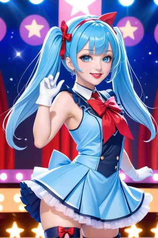 1 girl, alone, looking at viewer, bangs, blue eyes, smile, full lips, red lips, ahoge, sideburns, light blue hair, full body, hair ribbon, hair band, shoes, sleeveless, elbow-length gloves, twin tails, stage background with lights, hair locks, asymmetrical bangs, magical girl idol outfit, sparkling dress, frills, ribbons, wand, star accessories, dynamic pose, colorful stage lights, confident expression, knee-high boots, microphone

hairstyle: long hair, styled in large curls, twin tails with large bows
