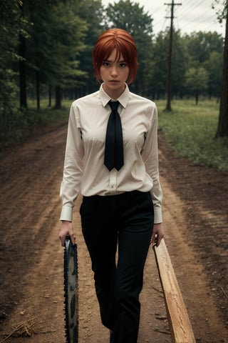 (masterpiece,  top quality,  best quality,  official art,  beautiful and aesthetic:1.2),  (1girl:1.3),  heterochromia , photorealistic,red hair, shirt, tie, black trousers, long_pants,photorealistic,makima (chainsaw man)