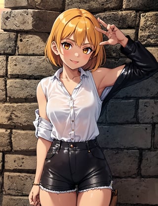 A young girl strikes a carefree pose on a worn, weathered stone wall, the rough texture contrasting with her smooth skin. She wears a casual button-up shirt and sleek leather shorts, exuding confidence in her laid-back attire. The setting sun casts a warm orange glow, illuminating her bright smile and sparkling eyes.