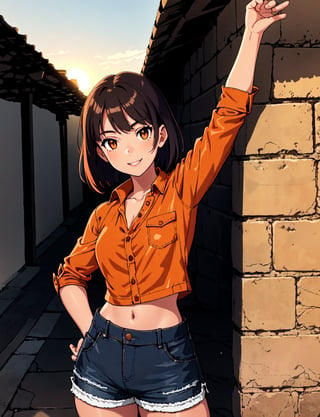 A young girl strikes a carefree pose on a worn, weathered stone wall, the rough texture contrasting with her smooth skin. She wears a casual button-up shirt and sleek leather shorts, exuding confidence in her laid-back attire. The setting sun casts a warm orange glow, illuminating her bright smile and sparkling eyes.