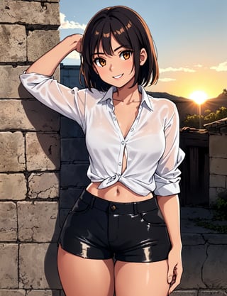 A young girl strikes a carefree pose on a worn, weathered stone wall, the rough texture contrasting with her smooth skin. She wears a casual button-up shirt and sleek leather shorts, exuding confidence in her laid-back attire. The setting sun casts a warm orange glow, illuminating her bright smile and sparkling eyes.,girl,back