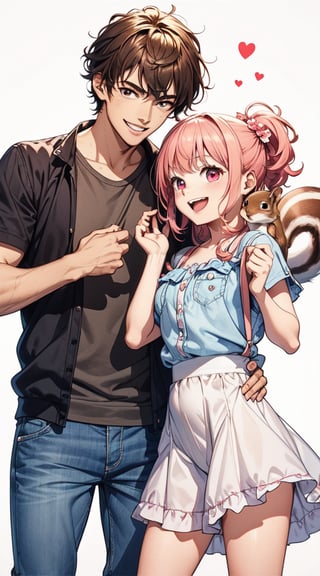 a young and handsome teenager and a little girl stand next to each other, laughing evilly, with a chubby little squirrel standing between them.
sly smiles. big clear eyes,