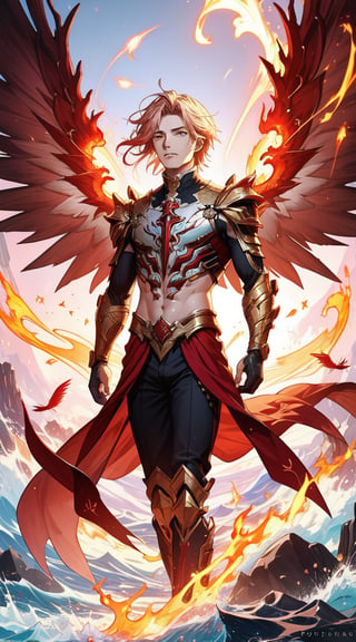 Seraphim Michael spreads all his wings and stands in the boundless sea of ​​fire. clear face and eyes. very handsome. explicit facial expression