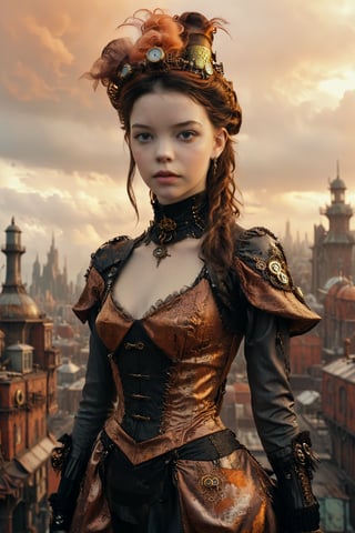 medium shot of 1girl, a beautiful Anya Taylor-Joy she is dressed in an elaborae steampunk outfit. behind her is a seampunk cityscape, semi reddish weather, light orange clouds, 