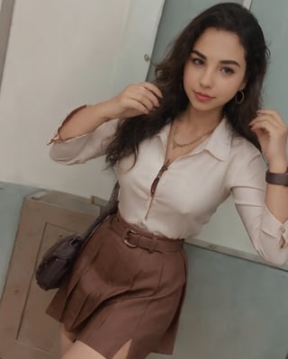 1girl, long hair, breasts, looking at viewer, blush, skirt, brown hair, shirt, jewelry, normal eyes, white shirt, pantyhose, earrings, top, belt, mole, bracelet, lips, makeup, wavy hair, mole under mouth, pencil skirt, candy red skirt, watch, top tucked in, office lady