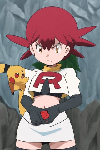 Team Rocket, cropped jacket, white jacket, crop top, jacket, gloves, black gloves, elbow gloves, navel, midriff, white skirt, miniskirt, skirt, black thighhighs, looking down at viewer,(intricately detailed, hyperdetailed), blurry background,depth of field, best quality, masterpiece, intricate details, tonemapping, sharp focus, hyper detailed, trending on Artstation,1 girl, high res, official art,hands on hps, glaring angrily,black panties,mairin_(pokemon),