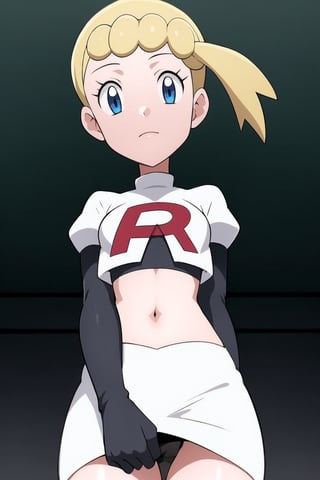 Team Rocket, cropped jacket, white jacket, crop top, jacket, gloves, black gloves, elbow gloves, navel, midriff, white skirt, miniskirt, skirt, black thighhighs, looking down at viewer,(intricately detailed, hyperdetailed), blurry background,depth of field, best quality, masterpiece, intricate details, tonemapping, sharp focus, hyper detailed, trending on Artstation,1 girl, high res, official art,hands on hps,black panties,Bonnie,1girl,bonnie,short hair,BLONDE,side ponytail,blue eyes,eyelashes,blue e