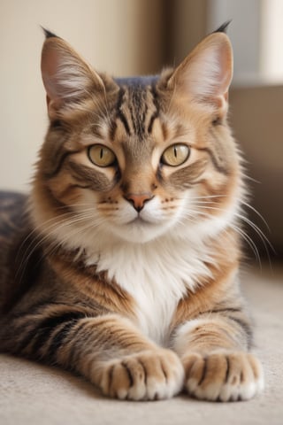 A soft and tender photograph of a sleepy feline lying on its side, with one eye peeking open, capturing a gentle expression. The cat's fur appears a mix of warm browns and whites, creating a comforting and cozy atmosphere. The words "DON'T WORRY BOUT ME I'LL BE FINE" are written below, in a playful and casual font, suggesting the cat's confidence in its ability to take care of itself.