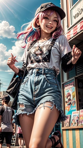 A playful and adorable anime-style chibi boy greeted with a big smile, standing in front of a vibrant anime-inspired profile background. He wears a casual outfit with a baseball cap and holds a sign that reads "Welcome to my profile!" The background features an array of colorful, anime-inspired icons, and the overall atmosphere is bright and cheerful., anime