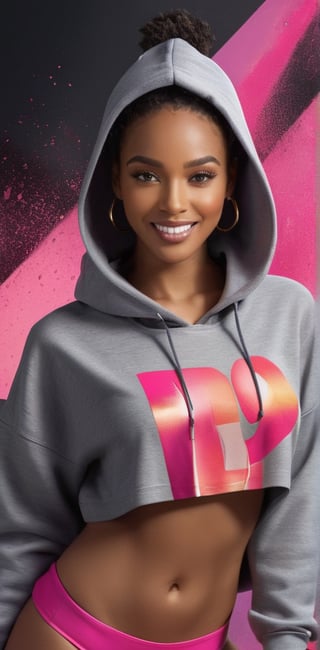 A stunning 8K UHD photograph of a young woman with a radiant smile, showcasing her brown skin and stunning features. She wears a chic gray hoodie with the name "ideogram" and an eye-catching pink bikini. Her hair is long, black, and flowing, with crystal-like accents. The background is an abstract blend of typography, illustration, painting, and anime styles, creating a vibrant and eye-catching design. The overall atmosphere is cinematic and fashion-forward, perfect for a captivating product or promotional piece., anime, 3d render, illustration, poster, product, painting, typography, fashion, cinematic
