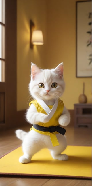 An adorable and whimsical illustration of a feline martial artist in a tiny fluorescent yellow taekwondo uniform, perfectly executing a high kick. The cat, with a captivating face filled with intense focus, has perked ears and twitching whiskers. The luxurious living room setting features a rolled-out training mat for the cat's demonstration. A delicate white bow rests on the floor, adding a touch of feminine elegance to this delightful and endearing scene. The large sign "AURAMARK THIEF" hung on the wall, hinting at the feline's alter ego.,Apoloniasxmasbox