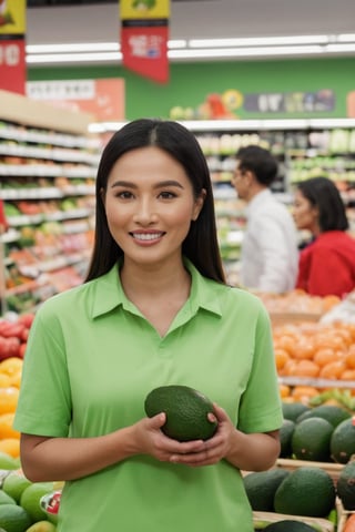 Anh Hai, looking confused, holding an avocado at the vegetable section of the modern supermarket. The staff member is smiling and explaining what it is. The scene is lively and colorful with various fresh vegetables around. Include Vietnamese flags and some traditional decorations