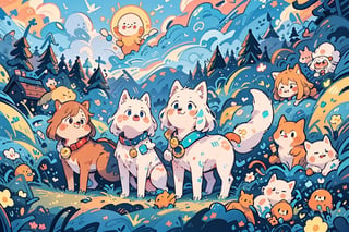 An enchanting scene of a bright sky transitioning from night to day, with the sun emerging as a beautiful aqua blue smoke. Lush forests, serene lakes, and majestic mountains create a stunning backdrop. A 3D animated Japanese mascot, a cute white wolf with orange stripes and intricate Celtic tattoos, sports a leather collar inscribed with the word "Button" in neon orange font. The wolf waves enthusiastically at a massive, Pixar-style black fire dragon, which playfully blows fire everywhere. The mascot wolf showcases a humorous expression, while the dragon's adorable appearance adds to the whimsical atmosphere. At the bottom of the image, a heartfelt message in neon blue font reads "thank you zaby1950!" as a tribute to the creator.