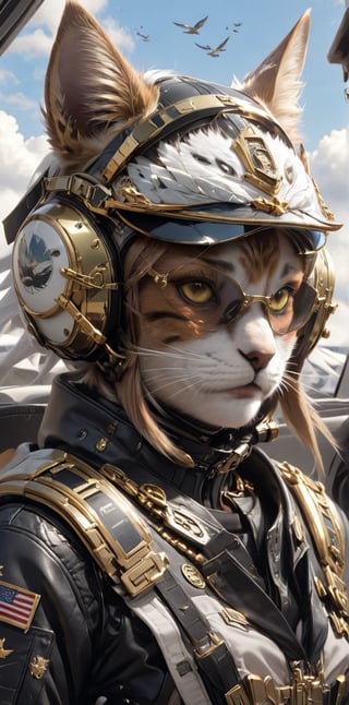 sole_female, animal ears, female focus, sky, cloud, uniform, collar, military, military uniform, bird, animal, cat, helmet, goggles, furry, in aircraft, , whiskers, pilot