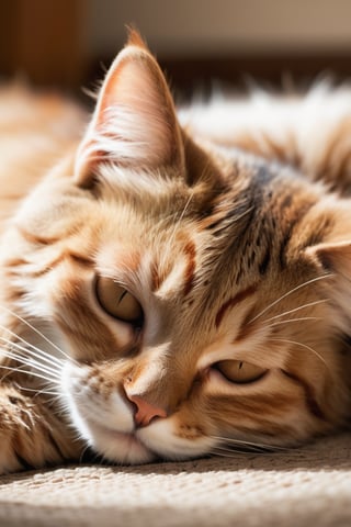 A soft and tender photograph of a sleepy feline lying on its side, with one eye peeking open, capturing a gentle expression. The cat's fur appears a mix of warm browns and whites, creating a comforting and cozy atmosphere. The words "DON'T WORRY BOUT ME I'LL BE FINE" are written below, in a playful and casual font, suggesting the cat's confidence in its ability to take care of itself.